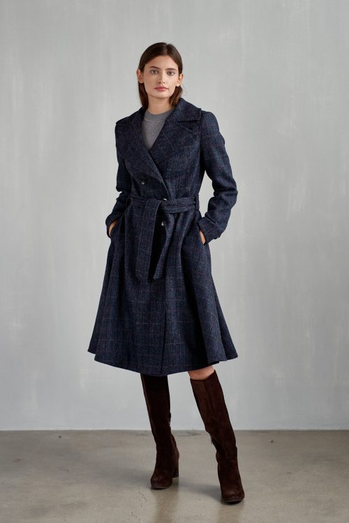 Płaszcz Achillea granatowy w czerwono-żółtą kratę - wełna Harris Tweed®