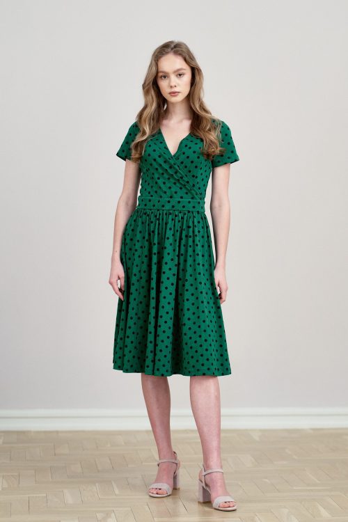Sukienka Larissa ciemnozielona w kropki krótki rękaw